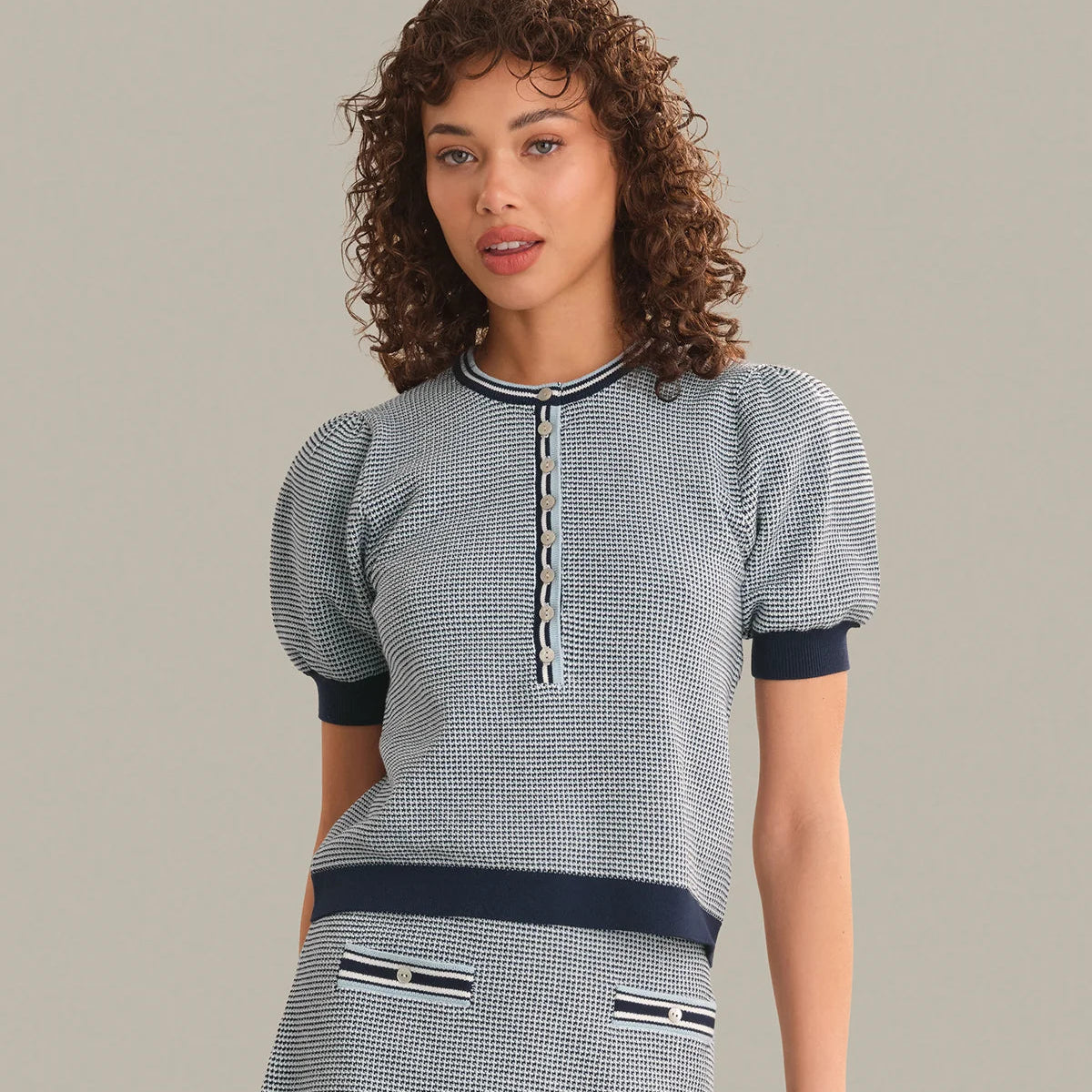 Tweed Like Puff Sleeve Henley Main image