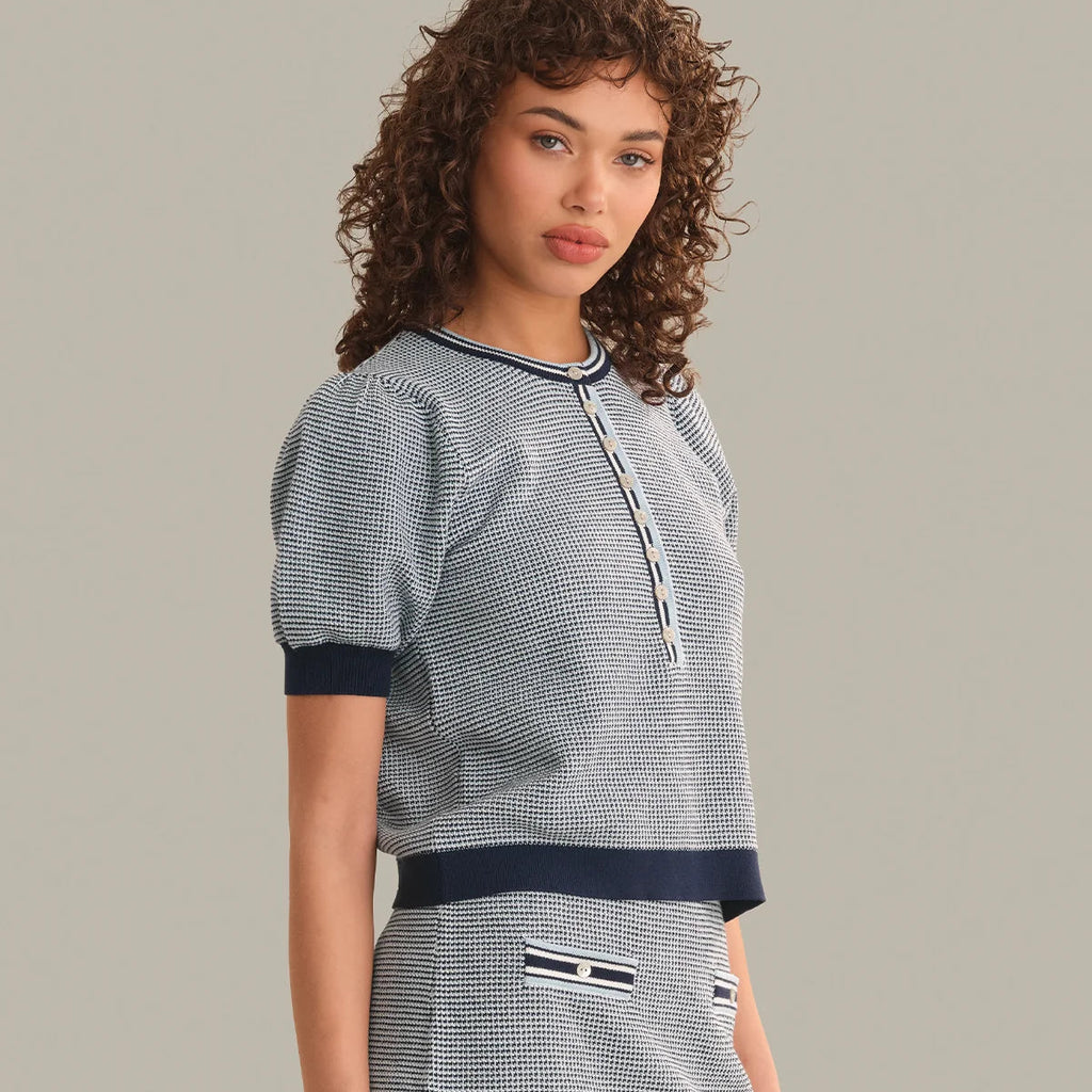 Tweed Like Puff Sleeve Henley
