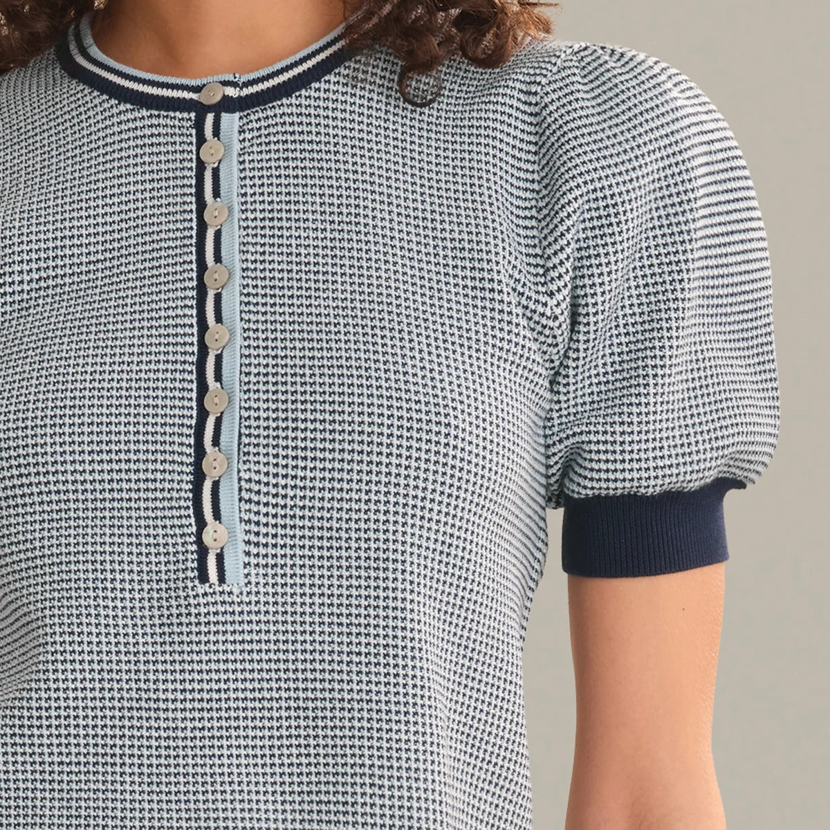 Tweed Like Puff Sleeve Henley Secondary image