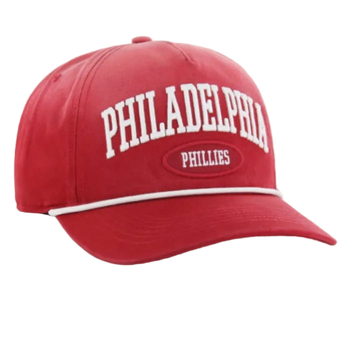 Red '47 Brand Philadelphia Phillies baseball cap with white embroidered text and rope trim detail Main image