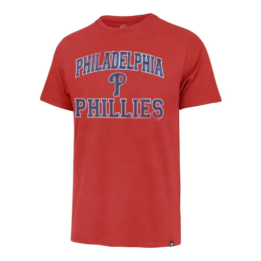 Red Philadelphia Phillies t-shirt with blue 'Philadelphia Phillies' text and P logo, short sleeves, displayed flat on white … Main image
