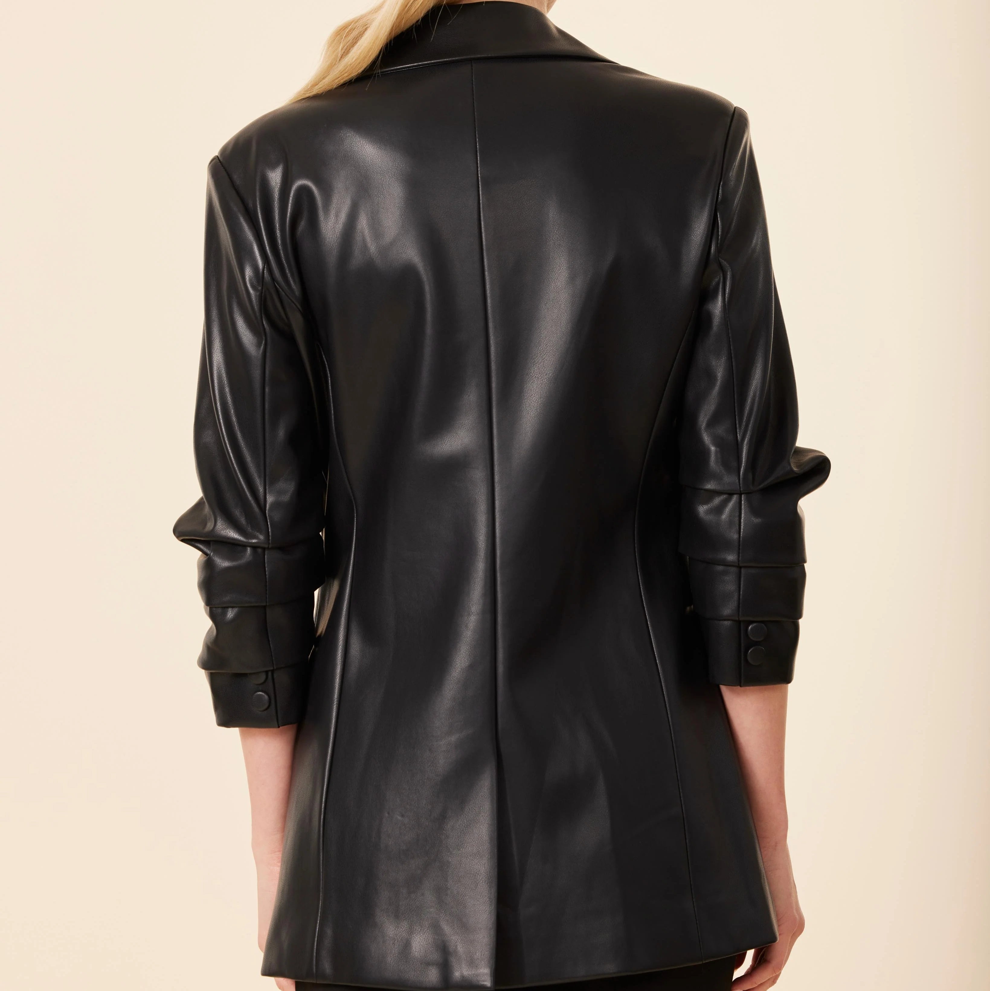 Vegan Leather Ruched Sleeve Blazer