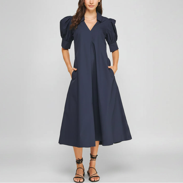 V-Neck Pleated A-Line Dress