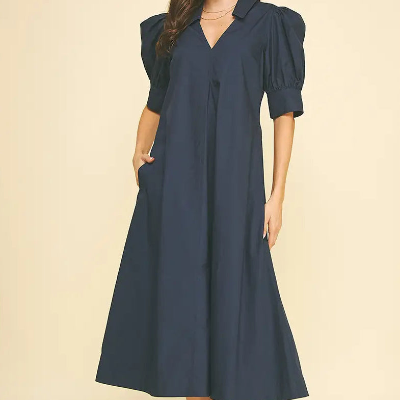 V-Neck Pleated A-Line Dress