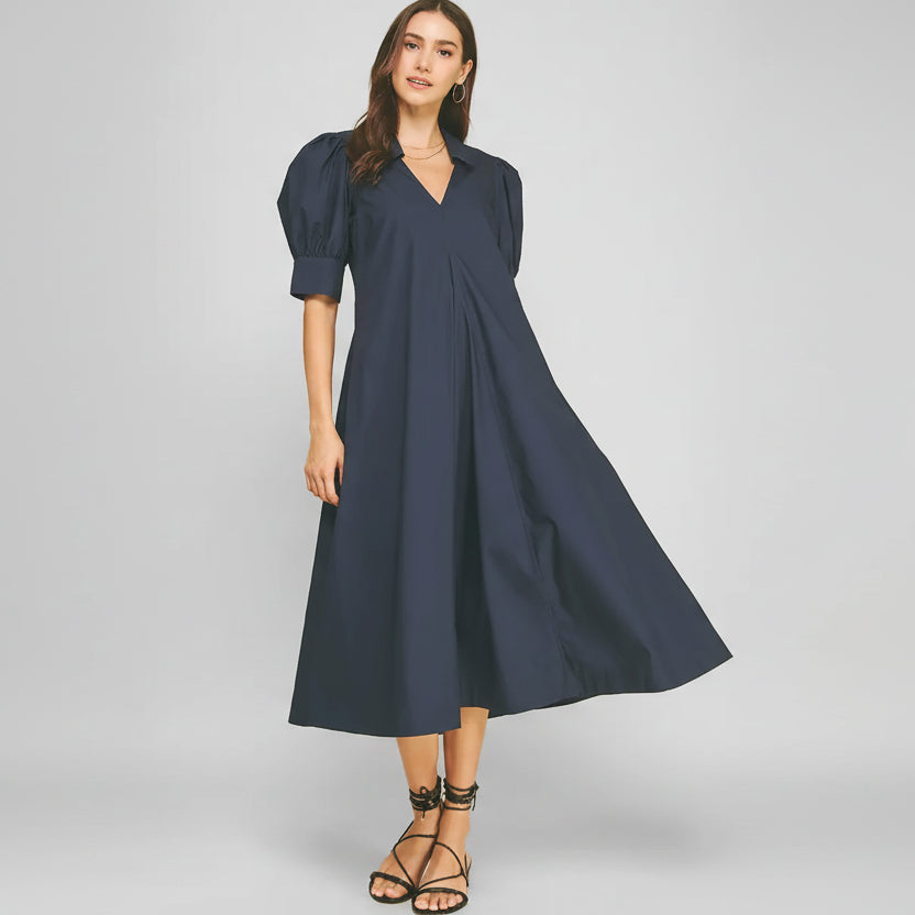 V-Neck Pleated A-Line Dress