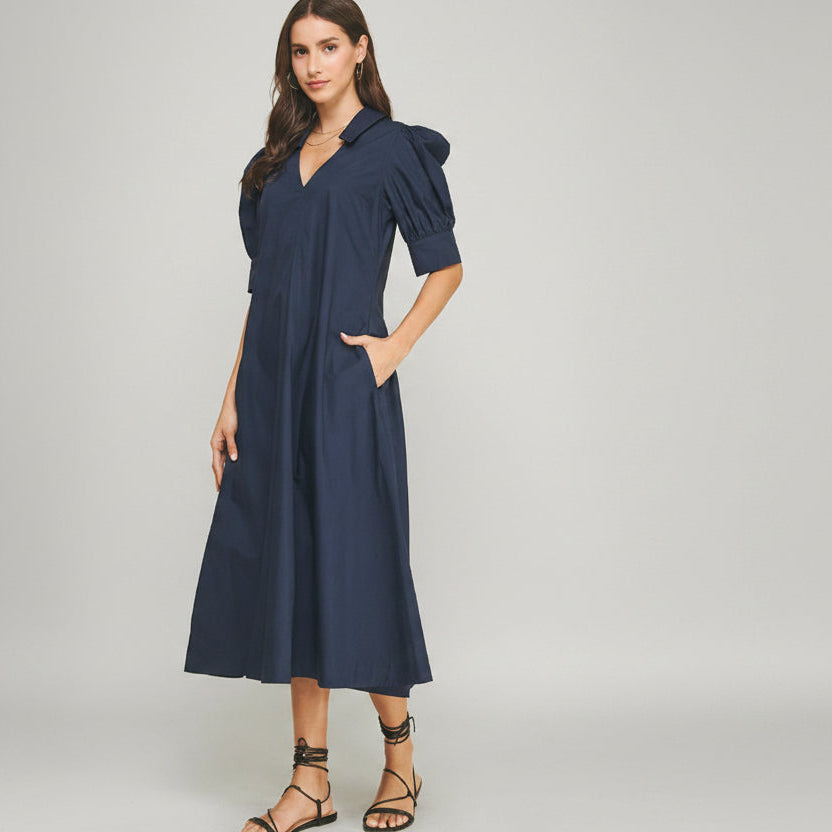 V-Neck Pleated A-Line Dress