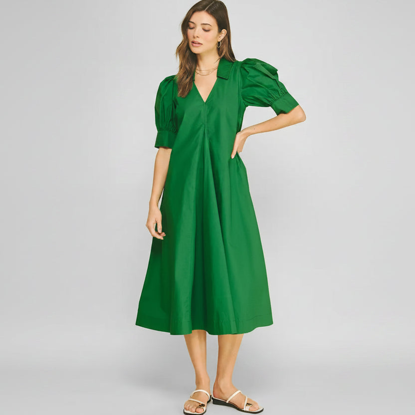 V-Neck Pleated A-Line Dress