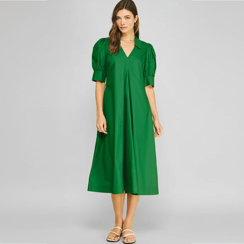 V-Neck Pleated A-Line Dress