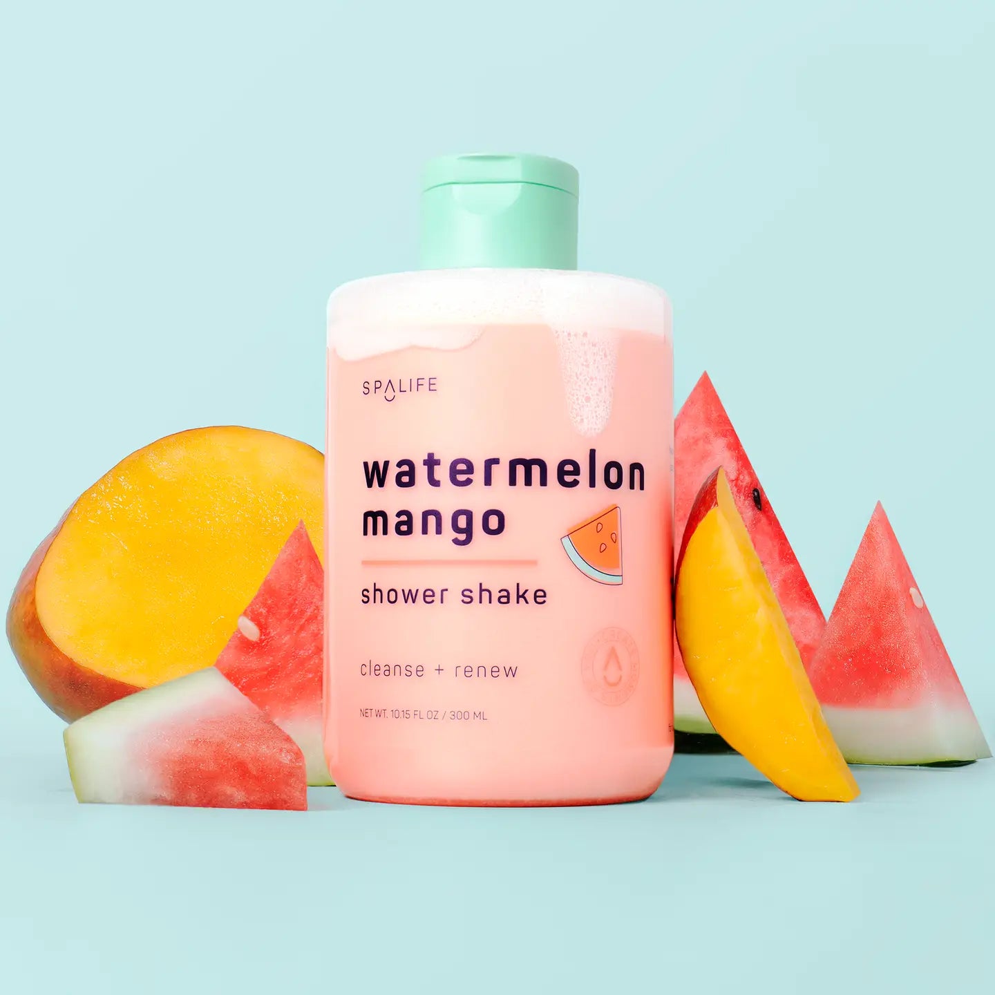 Watermelon Mango Shower Shake bottle with mint cap surrounded by fresh watermelon and mango fruit slices on light blue backg… Main image