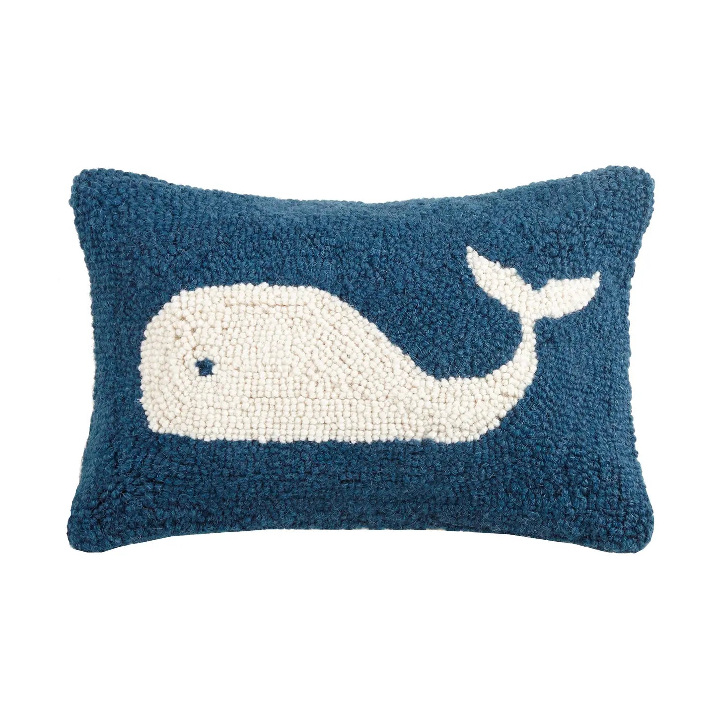 Teal wool whale hook pillow with cream-colored whale design and embroidered eye detail