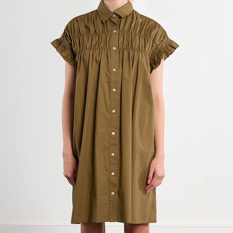 Harper Ruffle Dress in olive khaki with short ruffled sleeves, gathered bodice detail, and button-front closure Main image