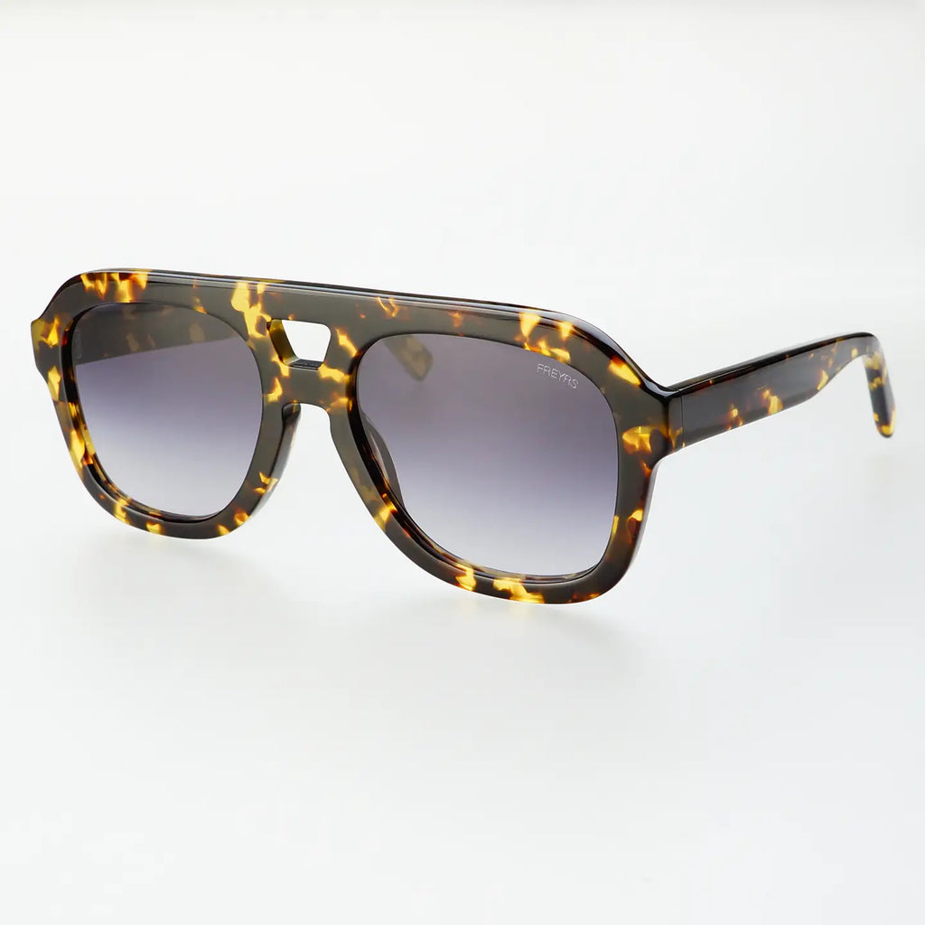 Yellow tortoise sunglasses against a white background. 